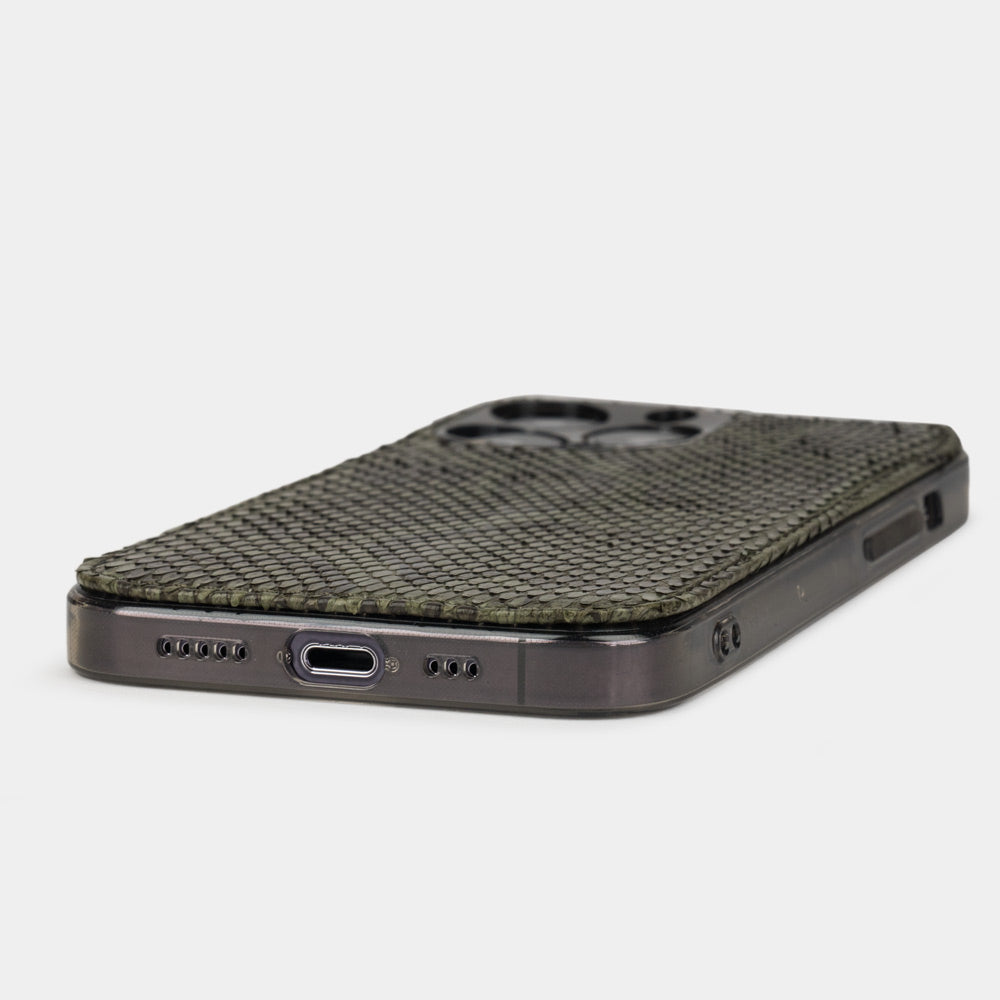 Green python leather cover case for iPhone 15 Pro – bottom edge with the USB-C port opening and precise edge finishing