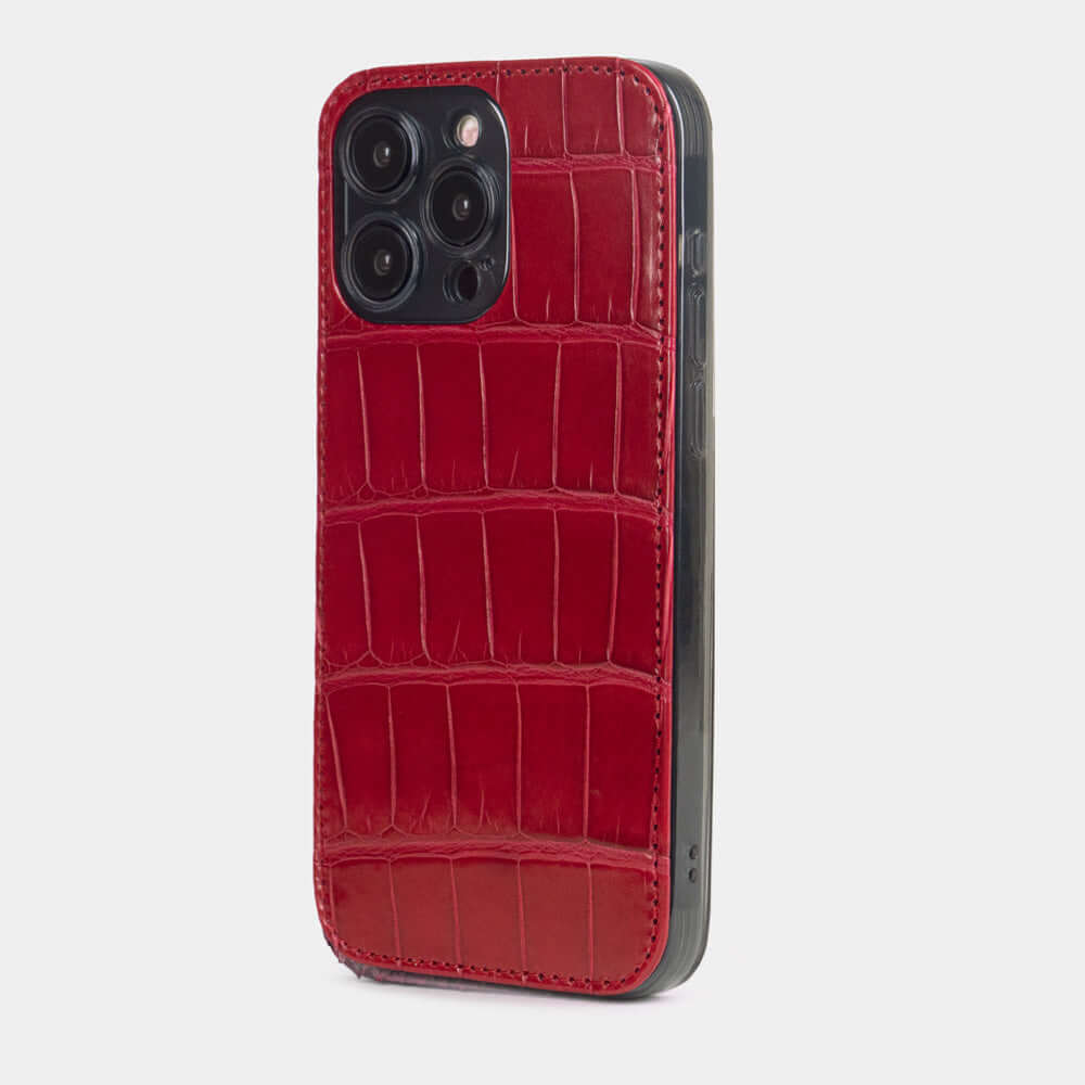 Red alligator pattern leather cover case for iPhone 16 Pro Max, showing the back view with the camera and buttons accessible.