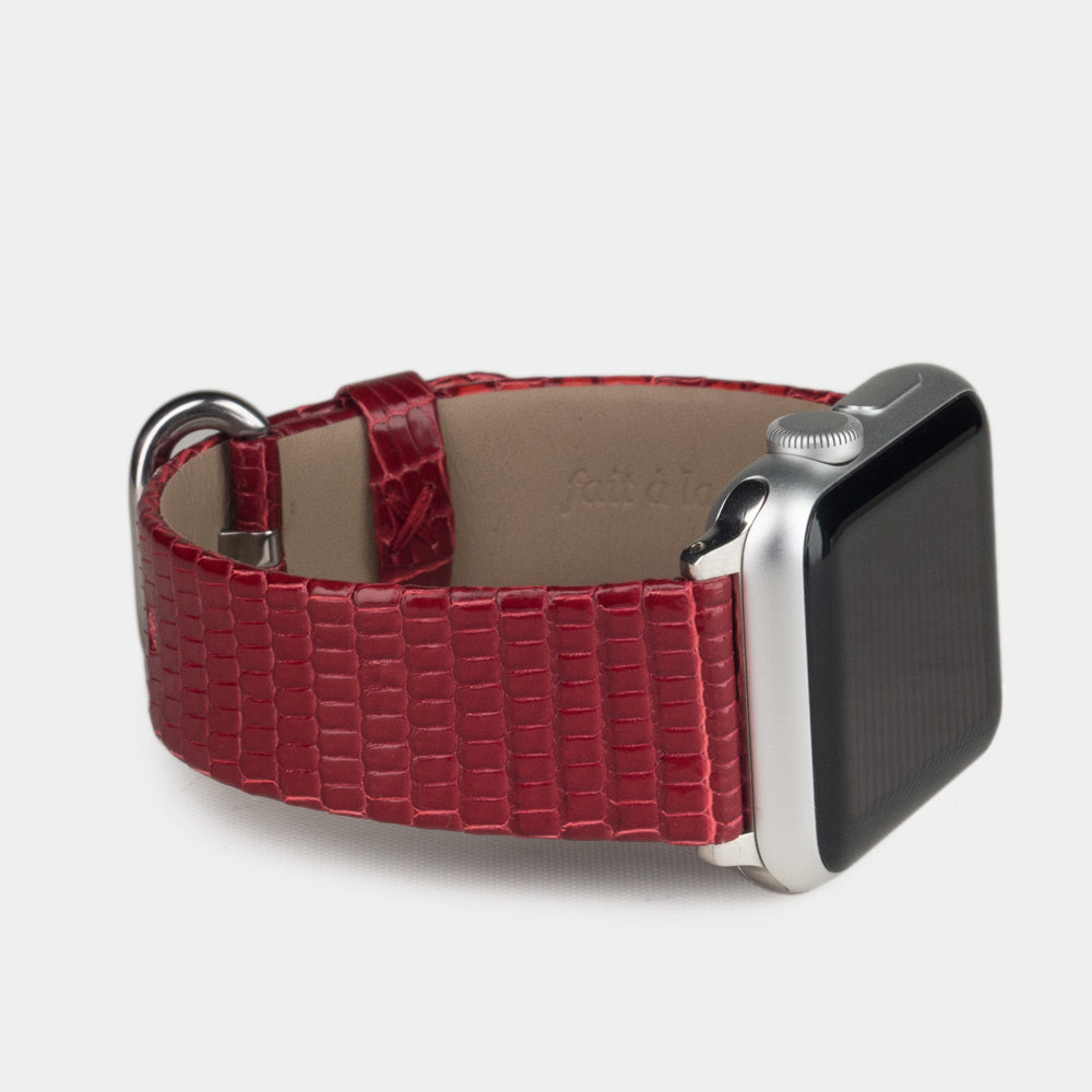 red lizard strap Apple Watch with steel adapters and buckle side view