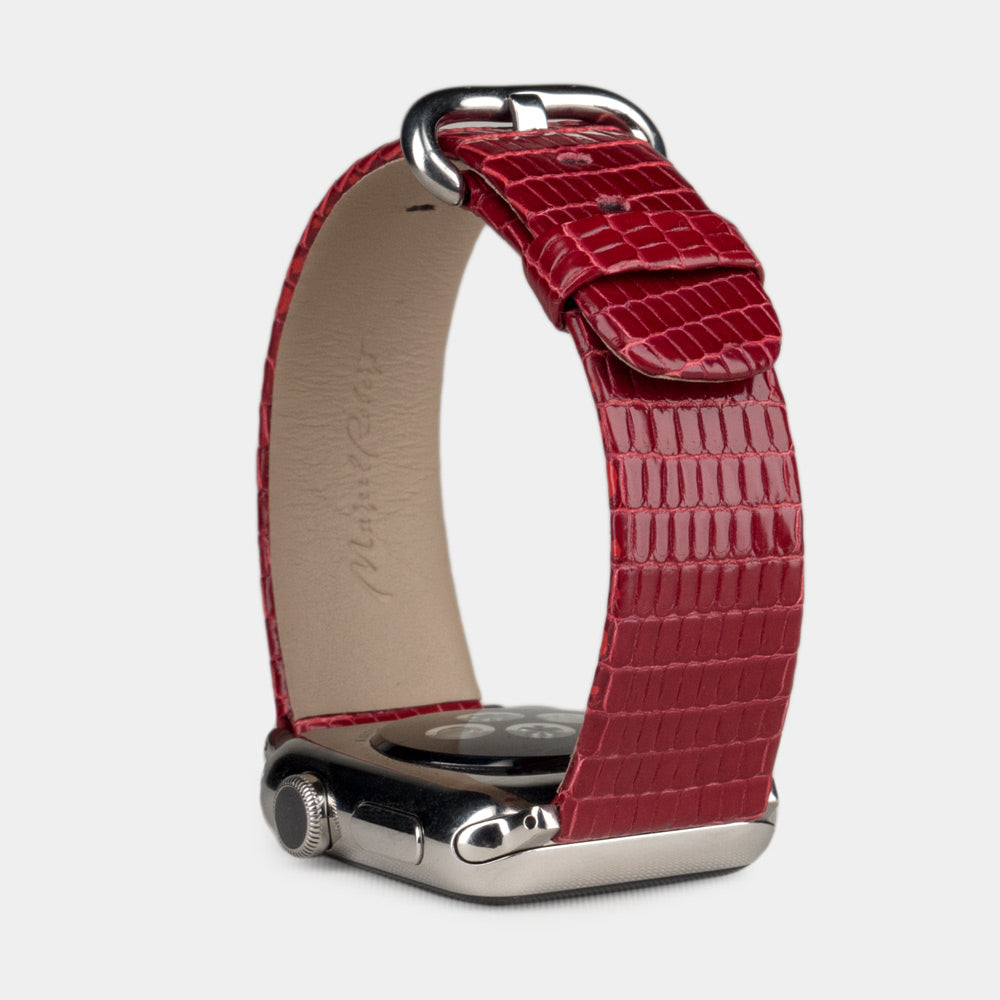 red lizard strap Apple Watch with steel adapters and buckle upper view