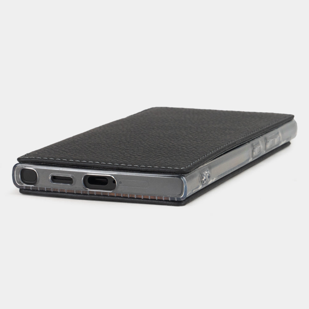 Black calfskin wallet case for Samsung Galaxy S24 Ultra – flat edge view showing the USB-C port opening and how thin is this wallet case
