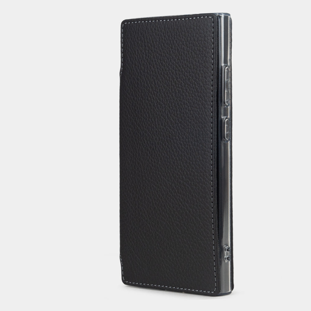 black calfskin wallet case for Samsung Galaxy S24 Ultra – slim leather folio case closed, view from profile