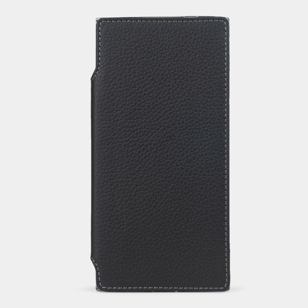 black calfskin wallet case for Samsung Galaxy S24 Ultra – front view of the closed folio panel, showing the smooth leather grain and edge stitching