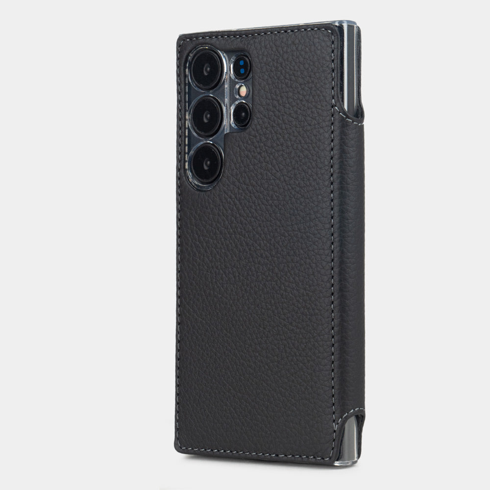 Black calfskin wallet case for Samsung Galaxy S24 Ultra – back view showing the precise camera cutout and how optical lenses are efficiently protected