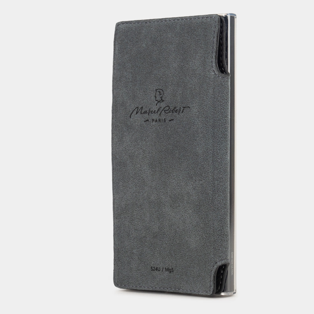 Black calfskin wallet case for Samsung Galaxy S24 Ultra – folio panel folded flat against the back thanks to embedded magnets and showing the Alcantara® lining