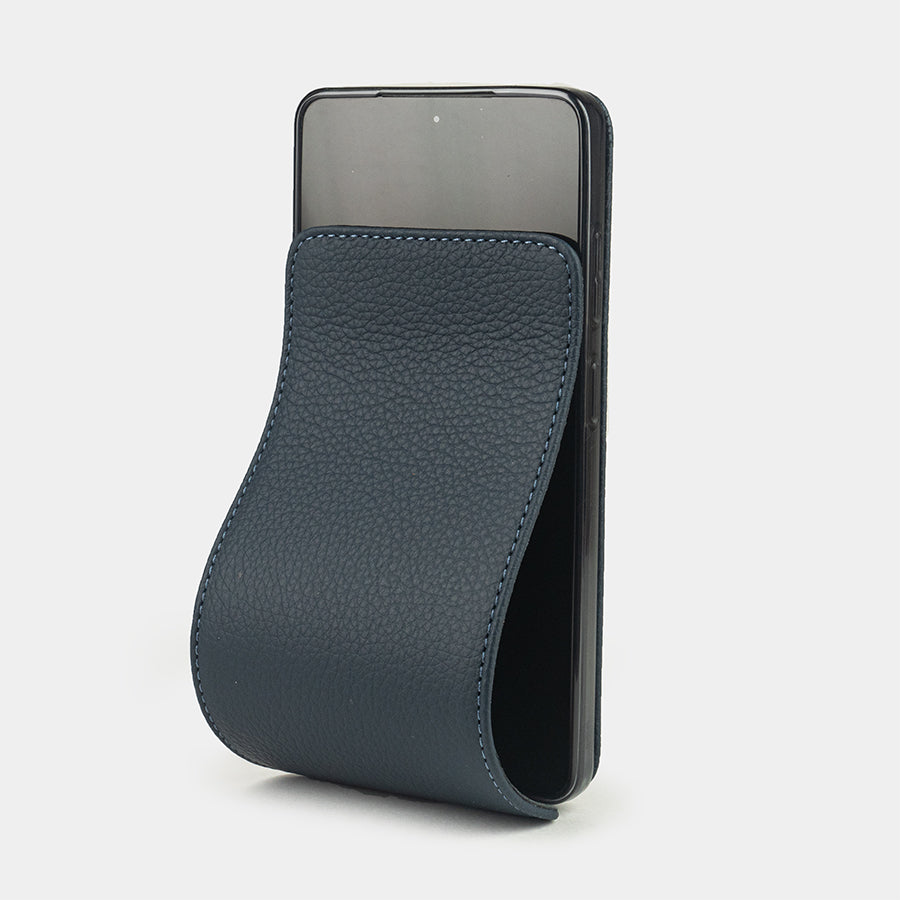 blue calfskin flip case Samsung Galaxy S26 Ultra – luxury handmade phone case in genuine leather with magnetic front cover partially open
