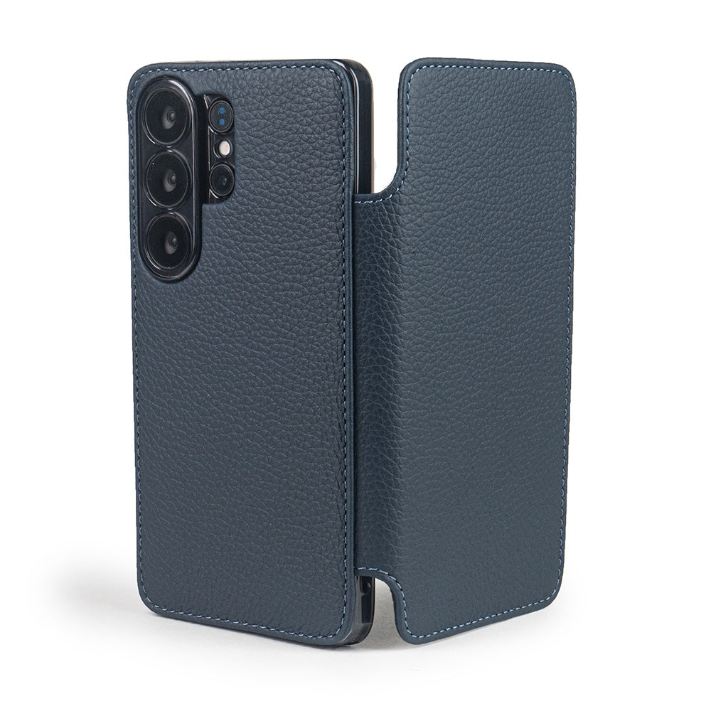 blue calfskin Wallet Case Samsung Galaxy S26 Ultra - case shown open on smartphone
