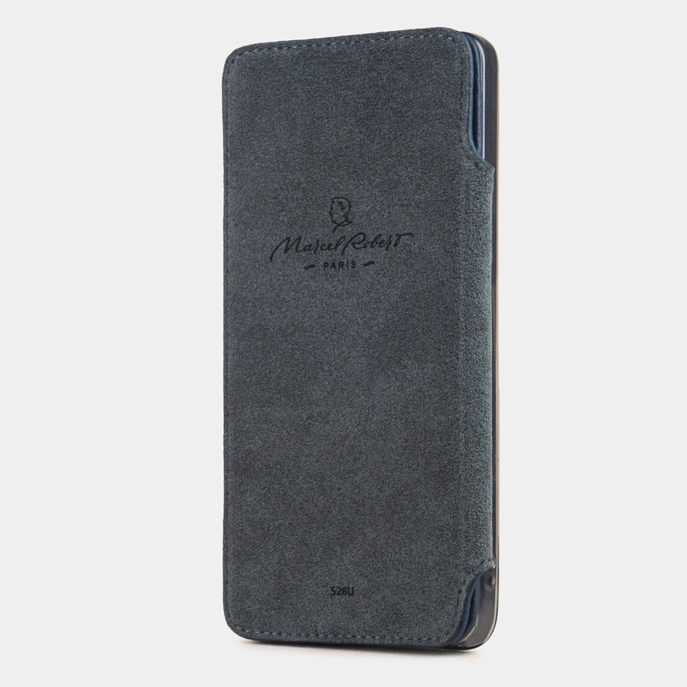 blue calfskin Wallet Case Samsung Galaxy S26 Ultra - case with grey Alcantara lining shown open on smartphone