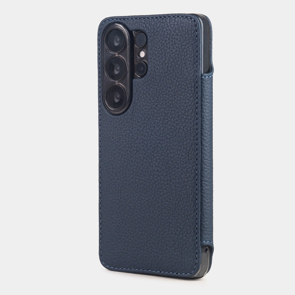 blue calfskin Wallet Case Samsung Galaxy S26 Ultra - view from camera side and how the lenses are efficiently protected