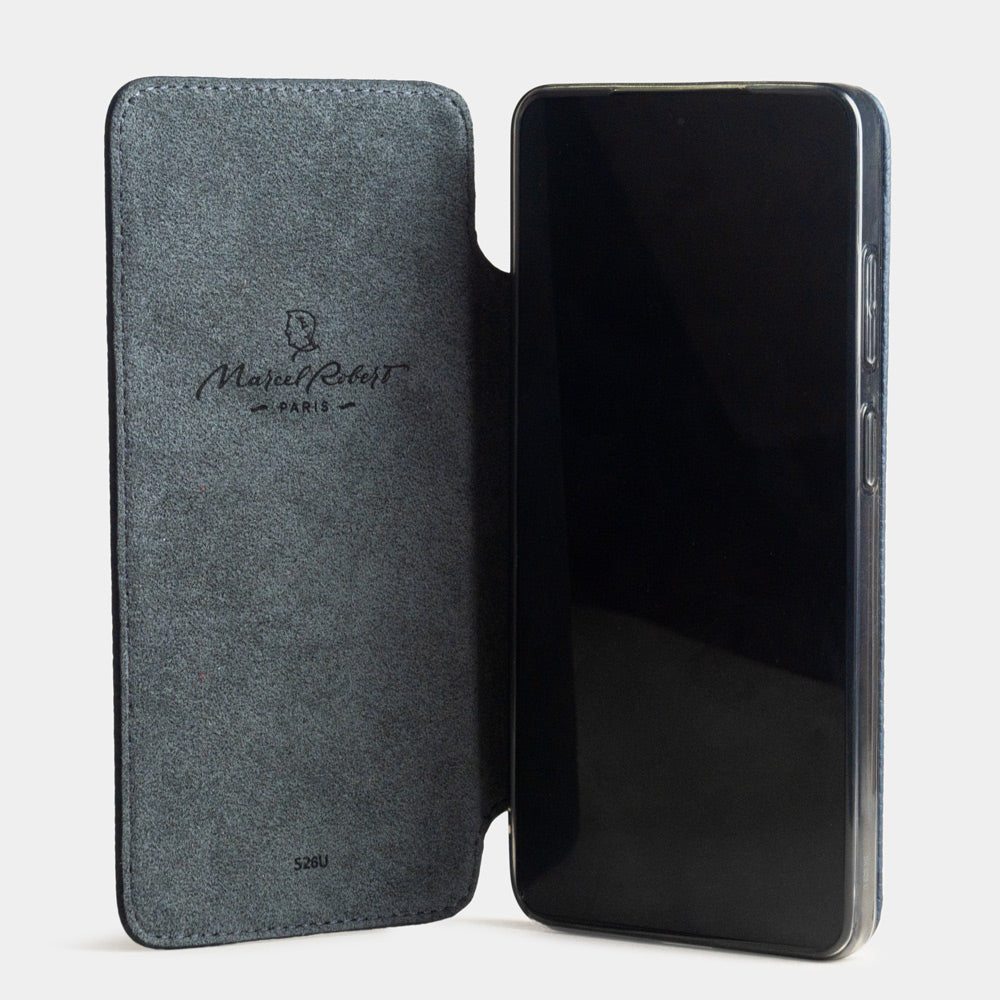 blue calfskin Wallet Case Samsung Galaxy S26 Ultra - case with grey Alcantara lining shown open on smartphone