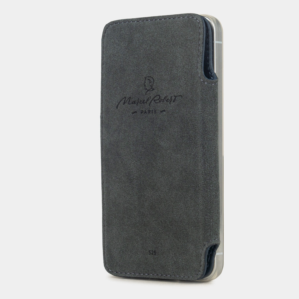 blue calfskin Wallet Case Samsung Galaxy S25 - case with grey Alcantara lining shown open on smartphone