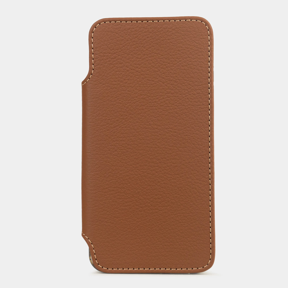 gold calfskin wallet case for Samsung Galaxy S24 – front view of the closed folio panel, showing the smooth leather grain and edge stitching