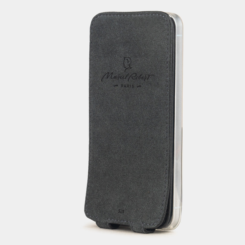 black leather flip case Samsung S26 & S26 plus Alcantara-lined magnetic flap that folds back during calls