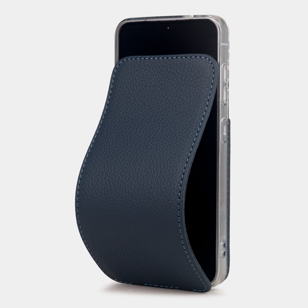 blue calfskin flip case Samsung Galaxy S26 & S26 Plus – luxury handmade phone case in genuine leather with magnetic front cover partially open