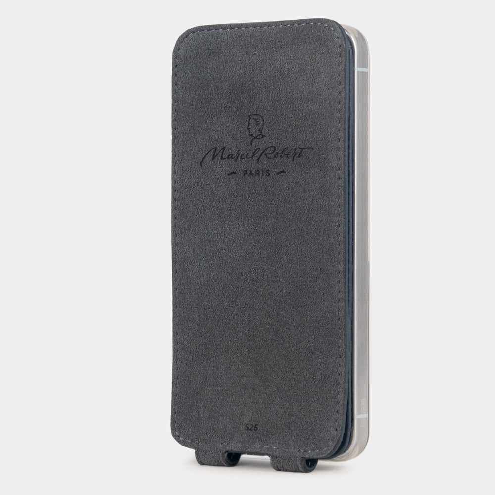 blue leather flip case Samsung S26 & S26 plus Alcantara-lined magnetic flap that folds back during calls