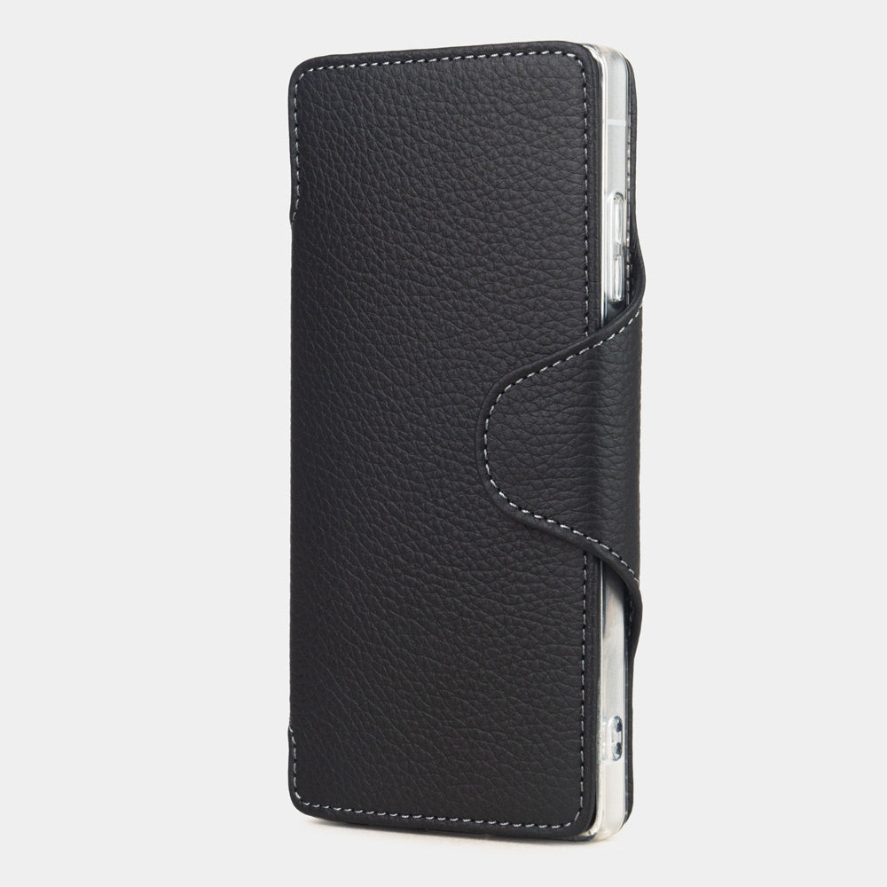 black leather Samsung S26 Ultra flip wallet case side view showing slim handcrafted leather design