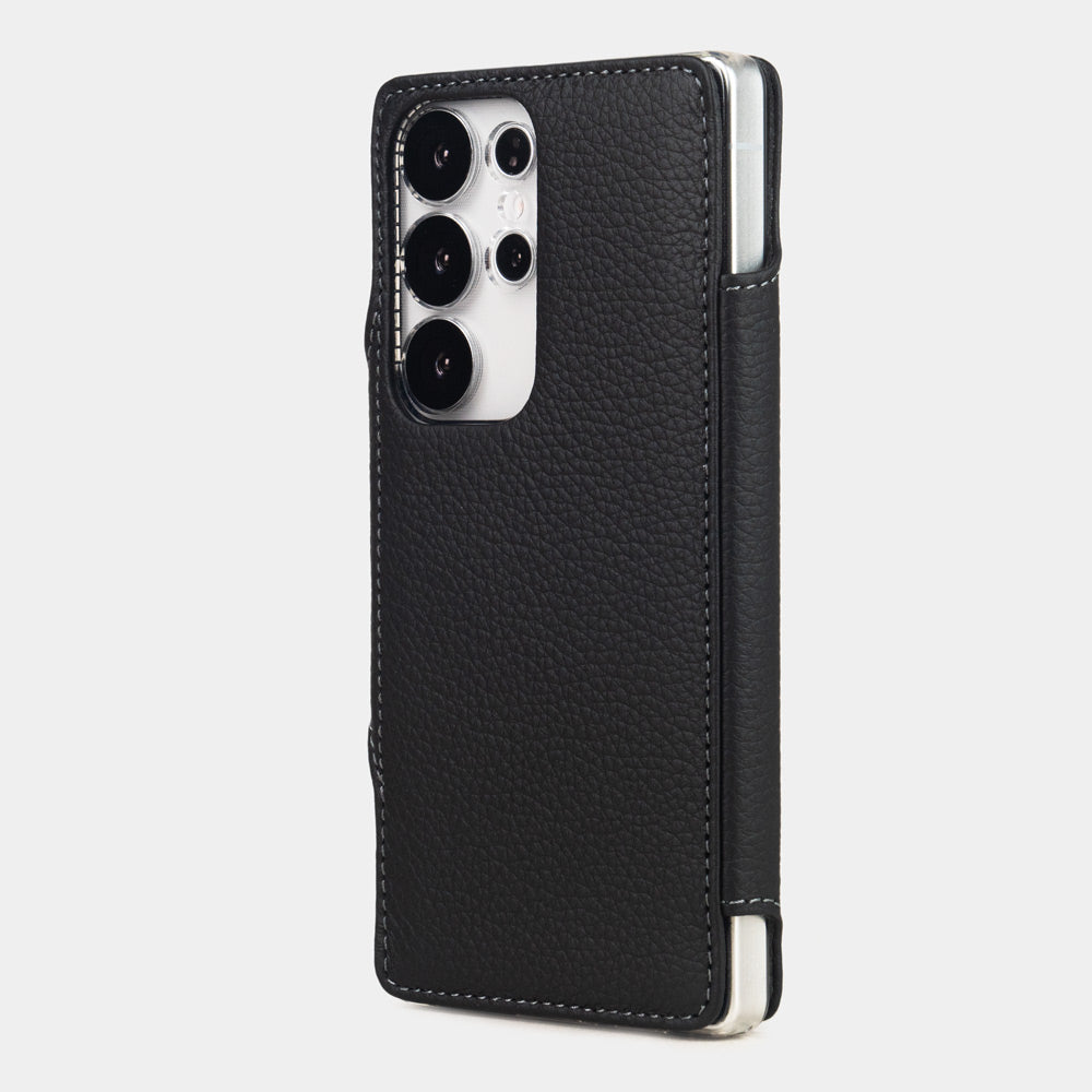 black leather Samsung S26 Ultra wallet case rear view showing camera cut-out and premium leather texture