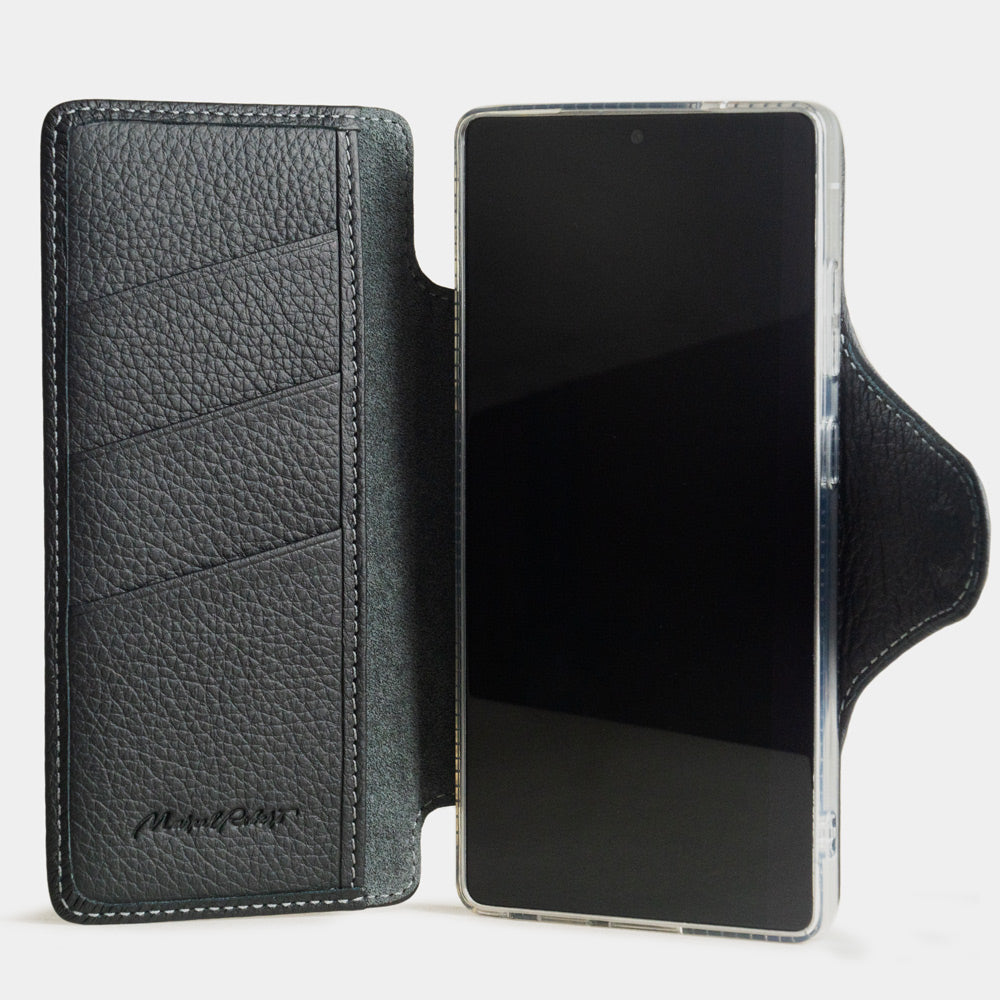 black leather Samsung S26 Ultra wallet case opened showing interior card holder slots