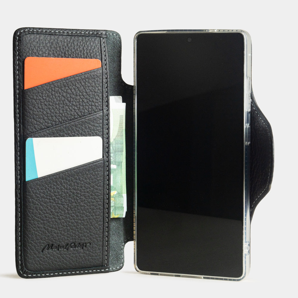 black leather Samsung S26 Ultra flip wallet case interior with credit card holder and protective cover