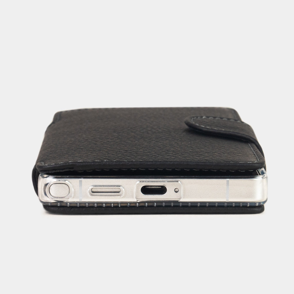 black leather Samsung S26 Ultra wallet case bottom view showing slim profile and precise cut-outs