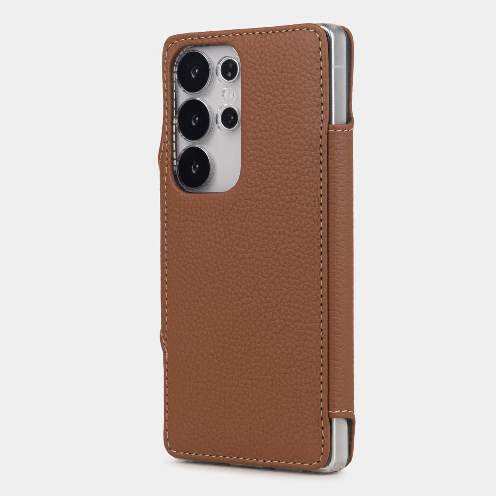 gold leather Samsung S26 Ultra wallet case rear view showing camera cut-out and premium leather texture