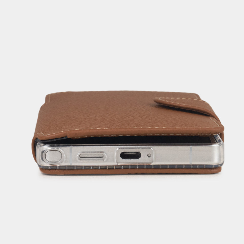 gold leather Samsung S26 Ultra wallet case bottom view showing slim profile and precise cut-outs