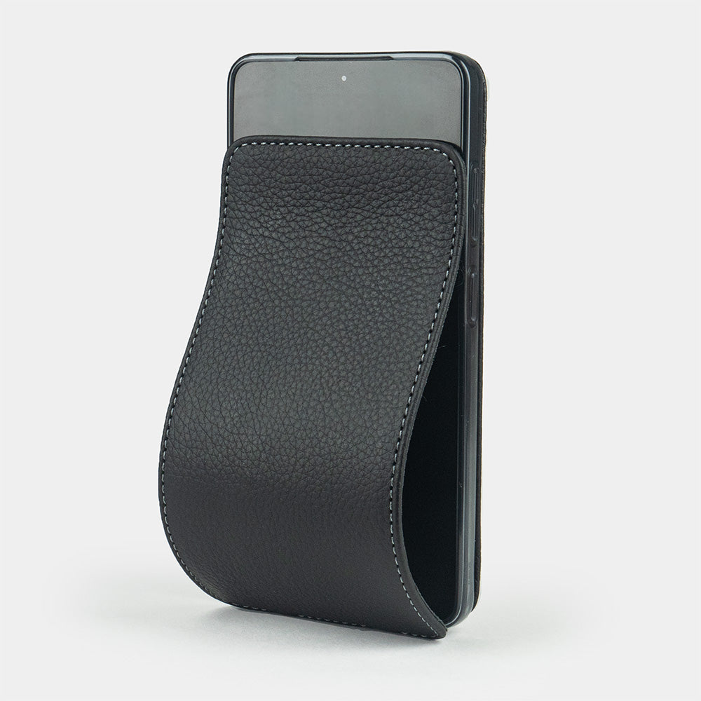 black calfskin flip case Samsung Galaxy S26 Ultra – luxury handmade phone case in genuine leather with magnetic front cover partially open