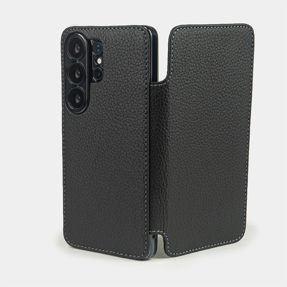 black calfskin Wallet Case Samsung Galaxy S26 Ultra - case shown open on smartphone