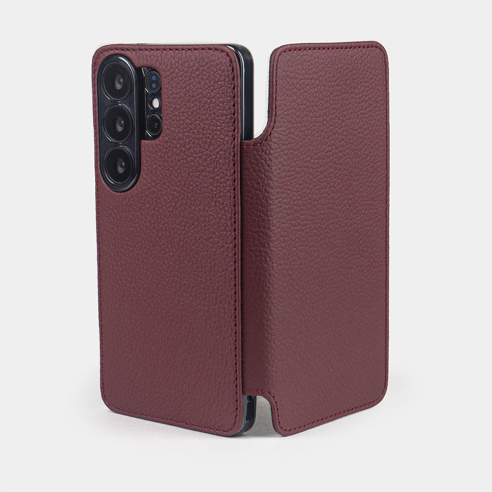 bordeaux calfskin Wallet Case Samsung Galaxy S26 Ultra - case shown open on smartphone