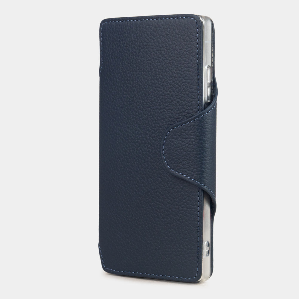 blue leather Samsung S26 Ultra flip wallet case side view showing slim handcrafted leather design