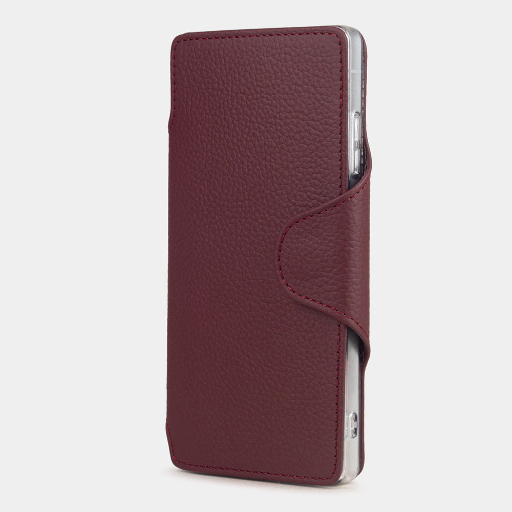 bordeaux leather Samsung S26 Ultra flip wallet case side view showing slim handcrafted leather design