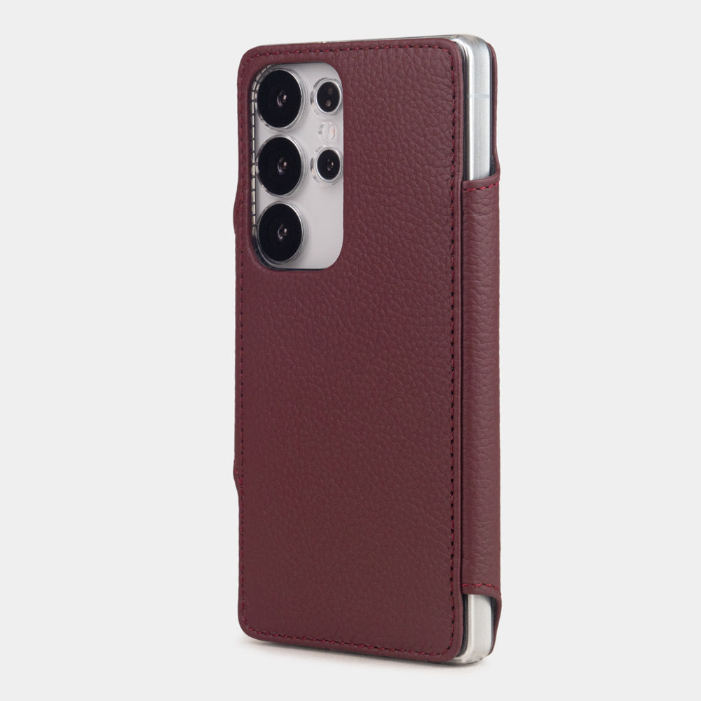 bordeaux leather Samsung S26 Ultra wallet case rear view showing camera cut-out and premium leather texture