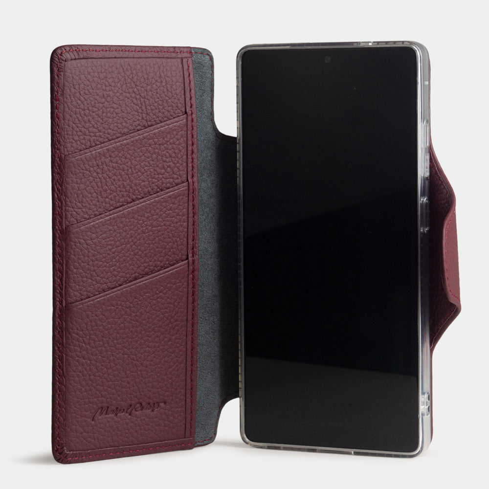 bordeaux leather Samsung S26 Ultra wallet case opened showing interior card holder slots