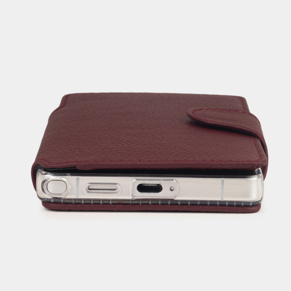 bordeaux leather Samsung S26 Ultra wallet case bottom view showing slim profile and precise cut-outs