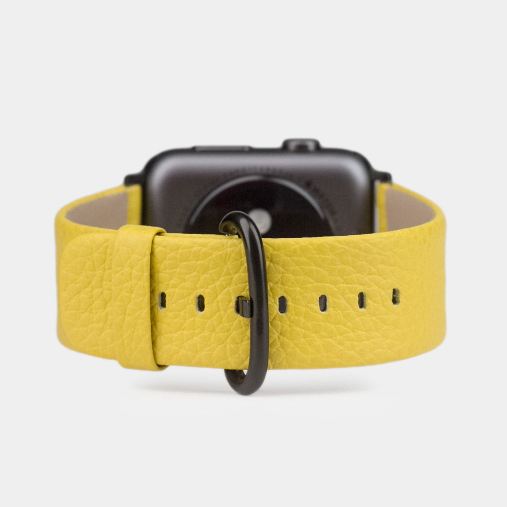 Strap for the Apple Watch 41/42 mm in yellow soft grained calfskin leather, with black adapters and buckle | main view