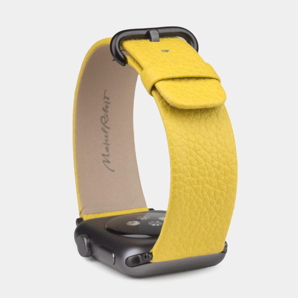 Strap for the Apple Watch 41/42 mm in yellow soft grained calfskin leather, with black adapters and buckle | full profile view to see the thickness of the strap