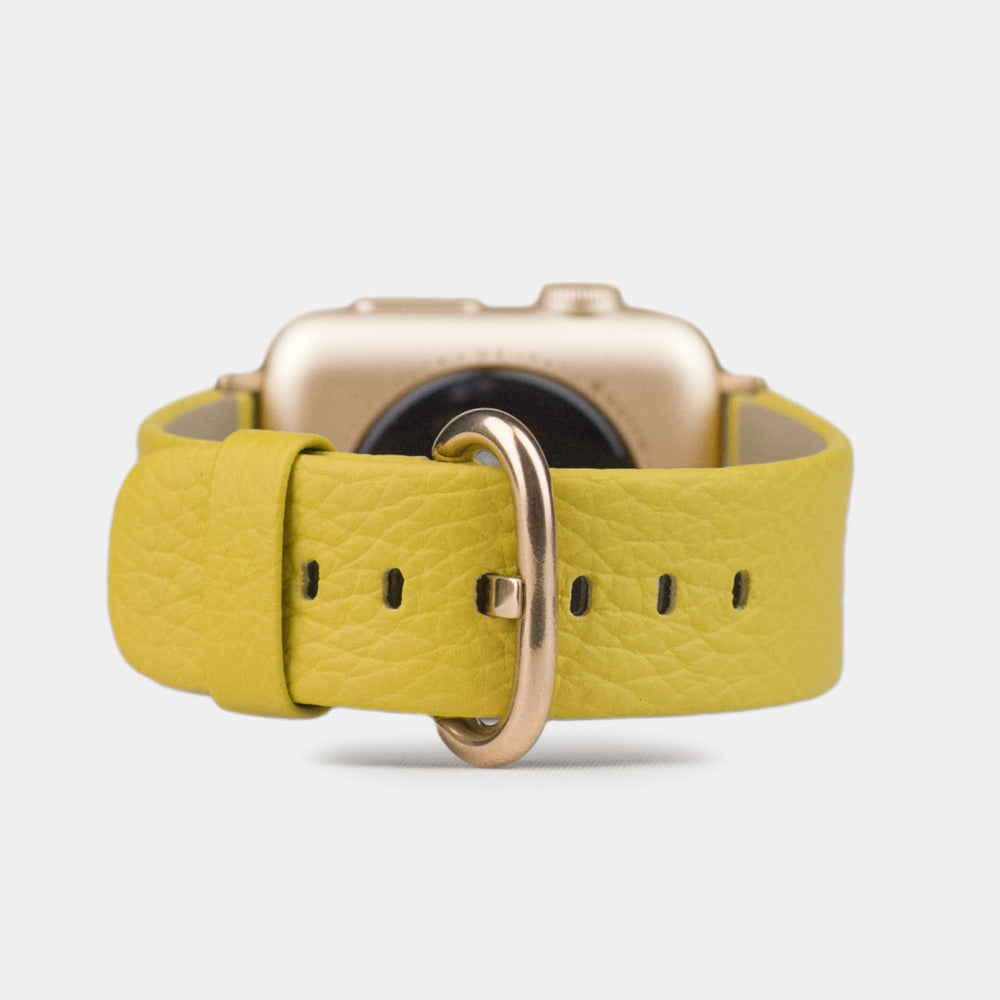 Strap for the Apple Watch 41/42 mm in yellow soft grained calfskin leather, with pink gold adapters and buckle | main view