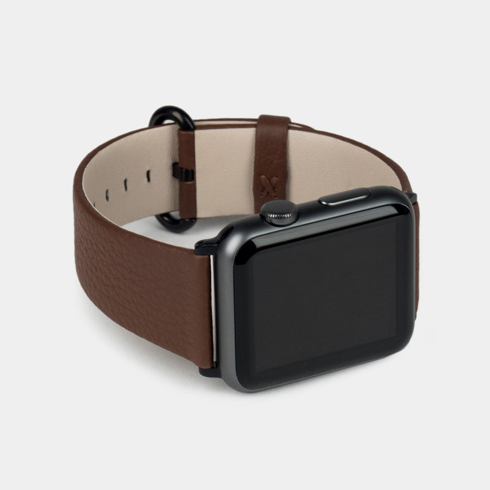 Strap for the Apple Watch 41/42 mm in brown soft grained calfskin leather, with black adapters and buckle | main view