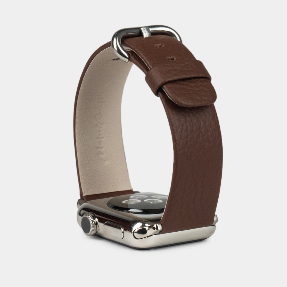 Strap for the Apple Watch 41/42 mm in brown soft grained calfskin leather, with steel adapters and buckle | full profile view to see the thickness of the strap
