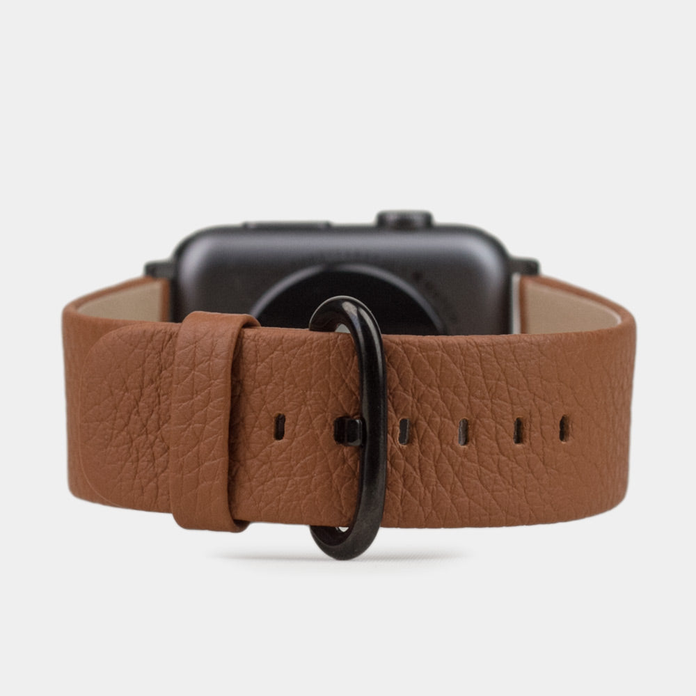 Strap for the Apple Watch 41/42 mm in Gold soft grained calfskin leather, with black adapters and buckle | full profile view to see the thickness of the strap