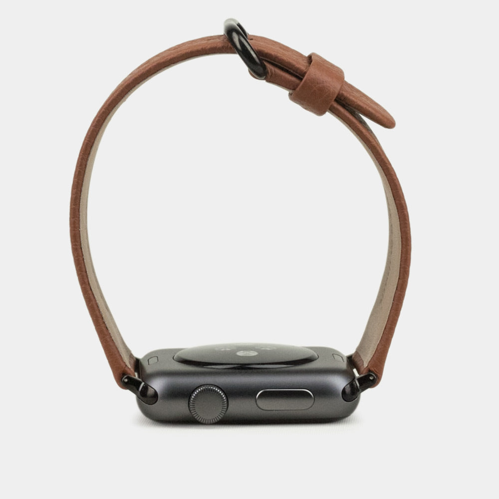 Strap for the Apple Watch 41/42 mm in Gold soft grained calfskin leather, with black adapters and buckle | profile view to better see the leather grain