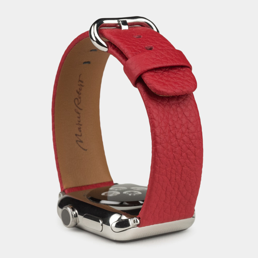 Strap for the Apple Watch 41/42 mm in red soft grained calfskin leather, with steel adapters and buckle | full profile view to see the thickness of the strap
