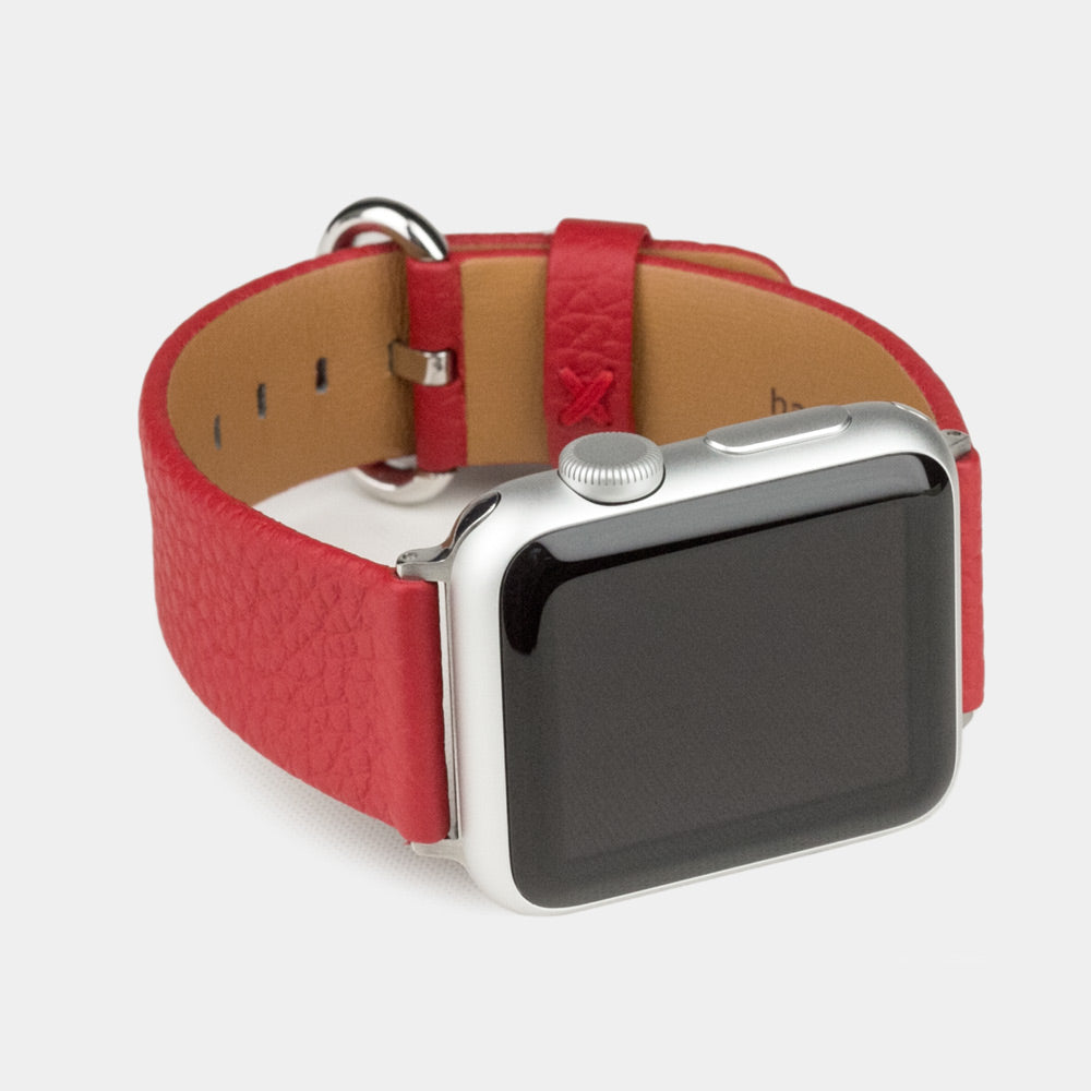 Strap for the Apple Watch 41/42 mm in red soft grained calfskin leather, with steel adapters and buckle | 3/4 profile view to see the inner lining leather