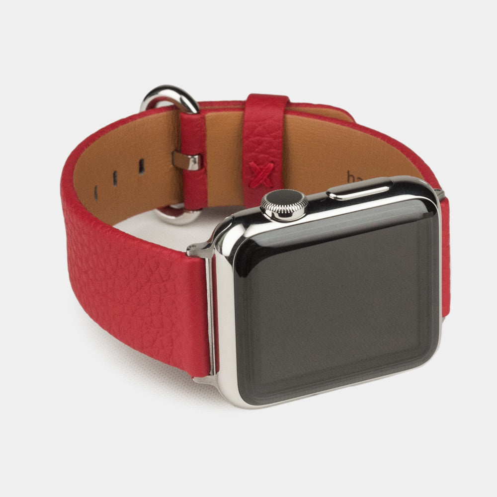 Strap for the Apple Watch 41/42 mm in red soft grained calfskin leather, with steel adapters and buckle | main view
