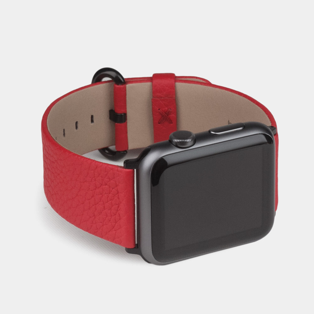 Strap for the Apple Watch 41/42 mm in red soft grained calfskin leather, with black adapters and buckle | profile view to better see the leather grain