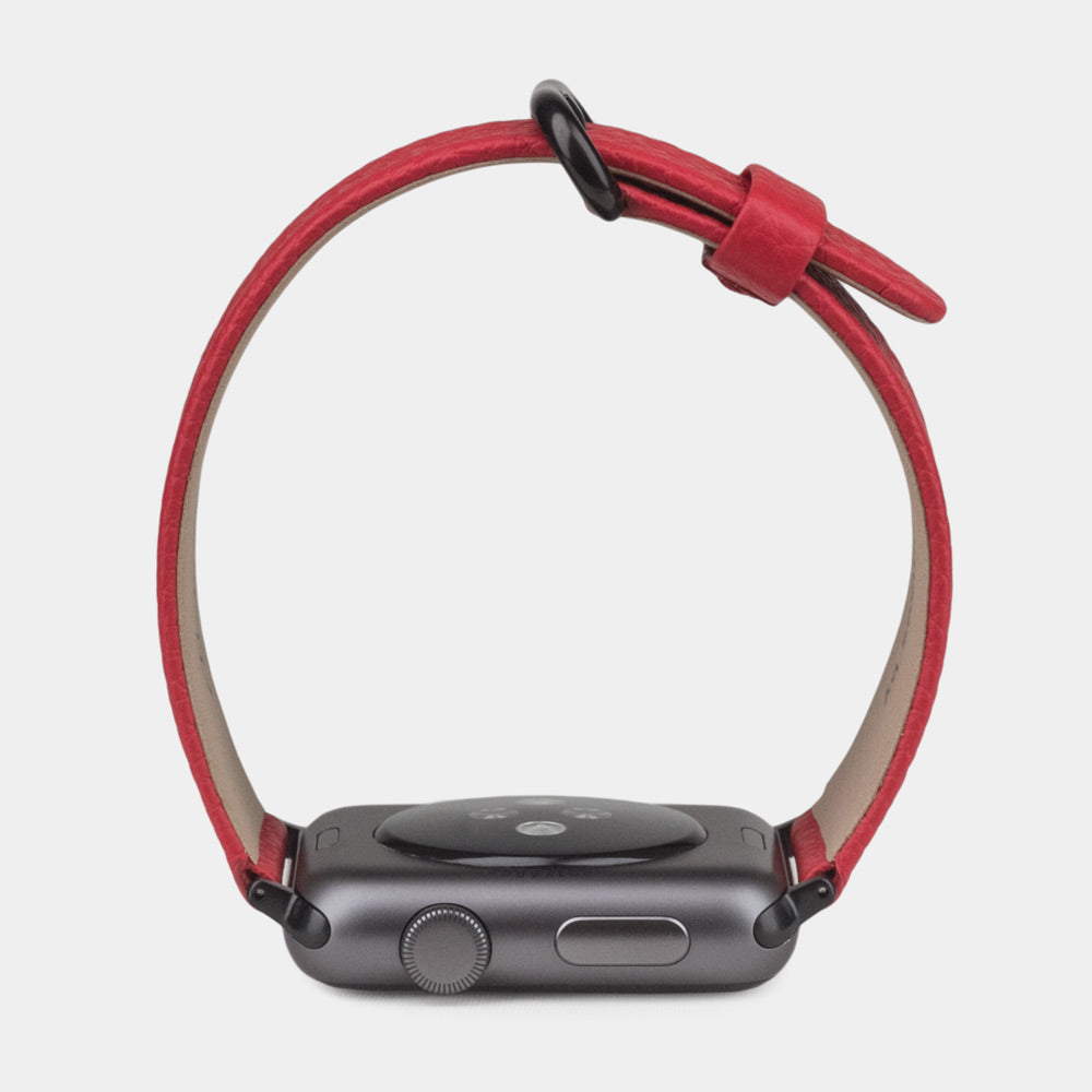 Strap for the Apple Watch 41/42 mm in red soft grained calfskin leather, with black adapters and buckle | full profile view to see the thickness of the strap