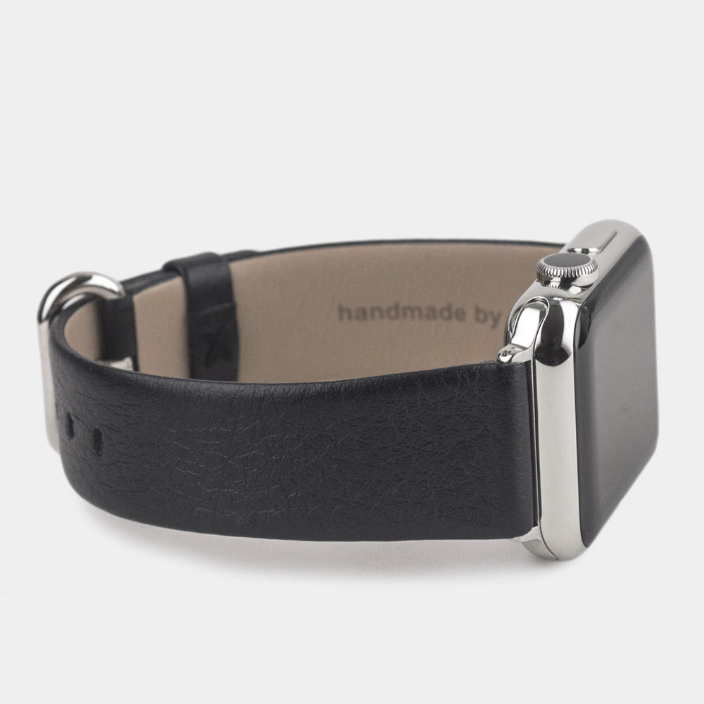 Strap for the Apple Watch 45/46 mm in black smooth calfskin leather, with steel adapters and buckle | 3/4 profile view to see the inner lining leather