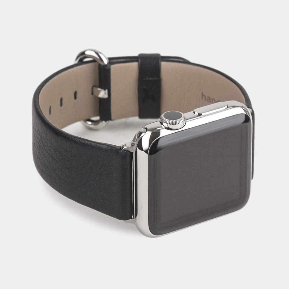 Strap for the Apple Watch 45/46 mm in black smooth calfskin leather, with steel adapters and buckle | 3/4 profile view to see the inner lining leather