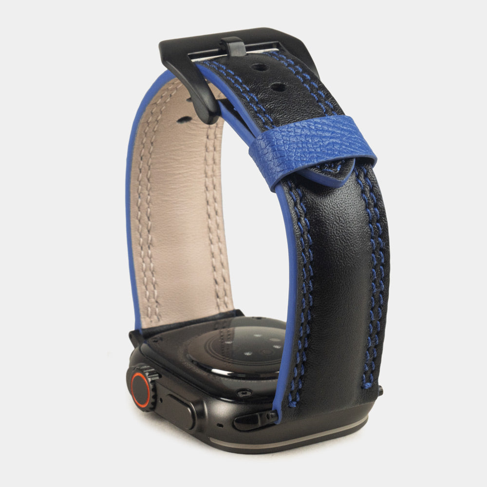 Men's Apple Watch Ultra band 49mm in black smooth calfskin leather with blue edge finish and its black color adapters - band blue color edge view