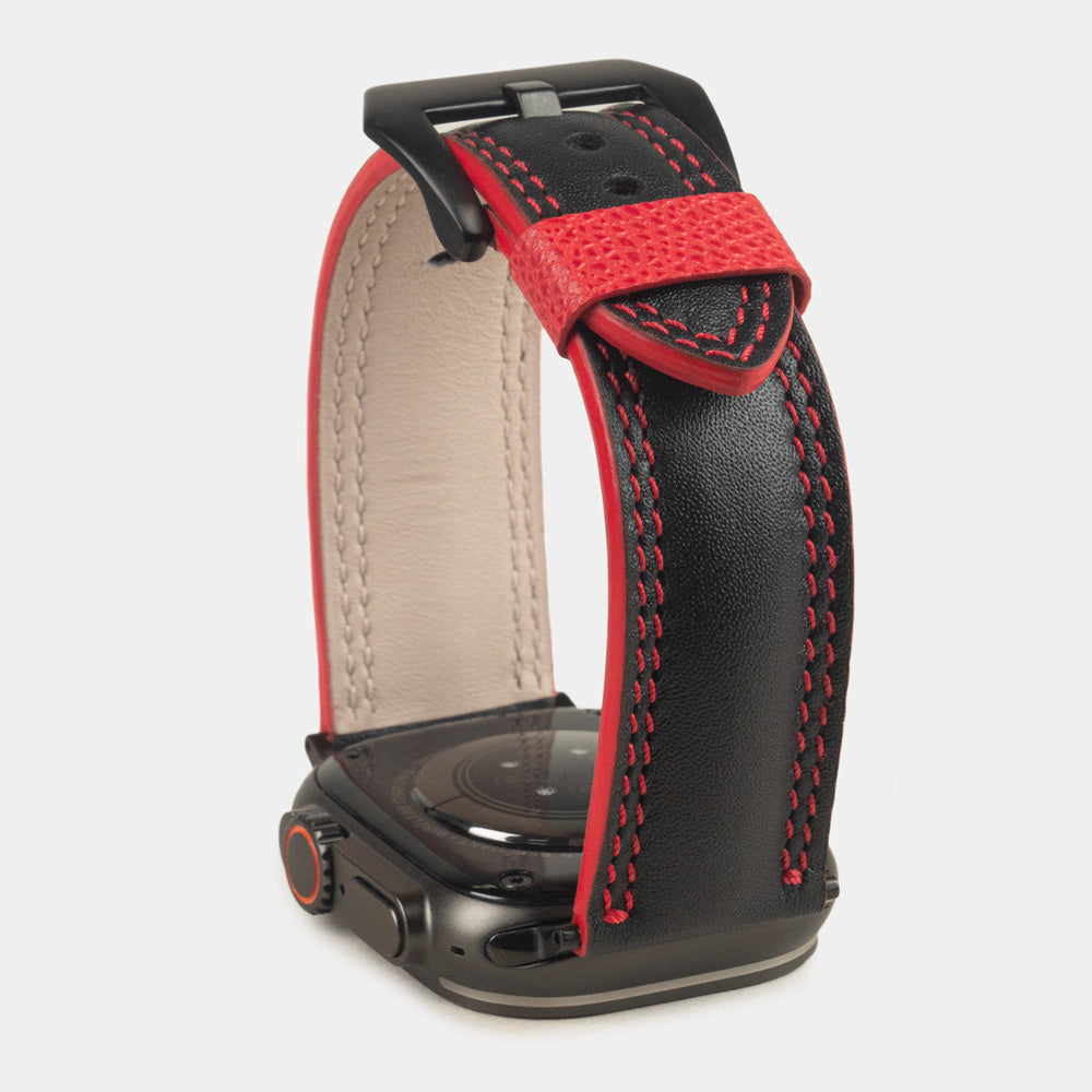 Men's Apple Watch Ultra band 49mm in black smooth calfskin leather with red edge finish and its black color adapters - inside lining leather view